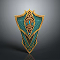 Ornate Teal and Gold Shield with Intricate Patterns and Central Gemstone
