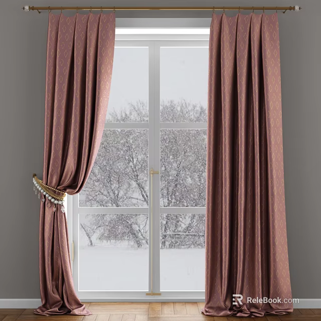 Brown Velvet Curtains With Tassel Tieback For Window With Snowy Tree View 3d model 