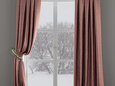 Brown Velvet Curtains With Tassel Tieback For Window With Snowy Tree View 3d model