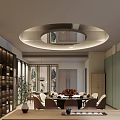 Elegant Private Dining Room With Round Table Chairs Wine Cabinet And Floor to Ceiling Windows