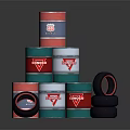 Colorful Industrial Storage Display With Stacked Multi Colored Drums And Black Tires With Red Trim