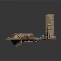 Modern Urban Industrial Scene With Brick Tower Metal Ladder Wooden Crates And Oil Drums