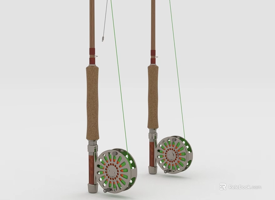Two Fishing Rods With Wooden Handles And Colorful Reels On White Background 3d model 