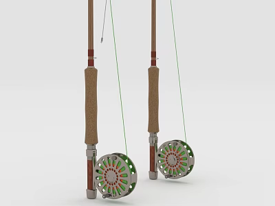 Two Fishing Rods With Wooden Handles And Colorful Reels On White Background 3d model