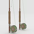 Two Fishing Rods With Wooden Handles And Colorful Reels On White Background