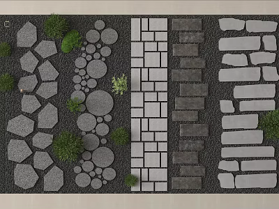Stepping Stones Pathway with Various Stone Types and Green Plant Decorations 3d model