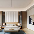 Modern Bedroom Interior With Bed Nightstands Table Lamps Armchair Blue Rug And Wall Art