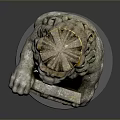 Detailed Stone Lion Statue Wearing Golden Crown Holding Shield On Gray Base