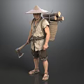 Man In Traditional Clothing Wearing Conical Hat Carrying Firewood And Holding Axe