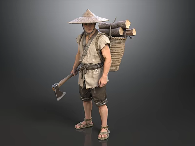 Man In Traditional Clothing Wearing Conical Hat Carrying Firewood And Holding Axe 3d model