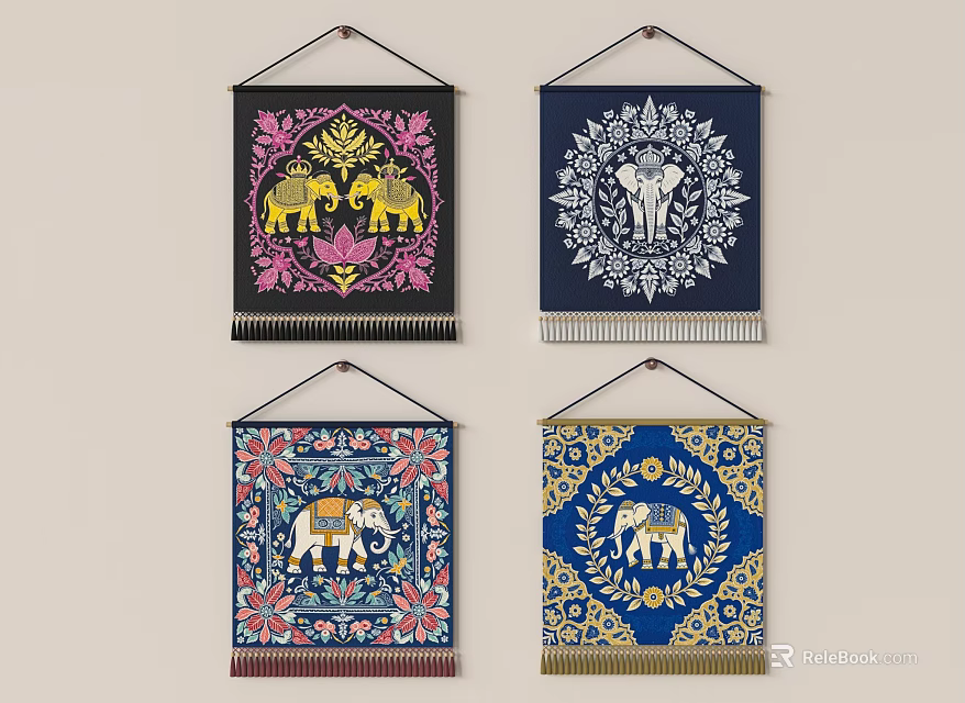 Colorful Elephant Design Wall Hangings With Floral Patterns And Tassels 3d model 