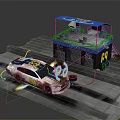 Racing Car With Number 88 And Spark At Pit Stop With Blue Structure