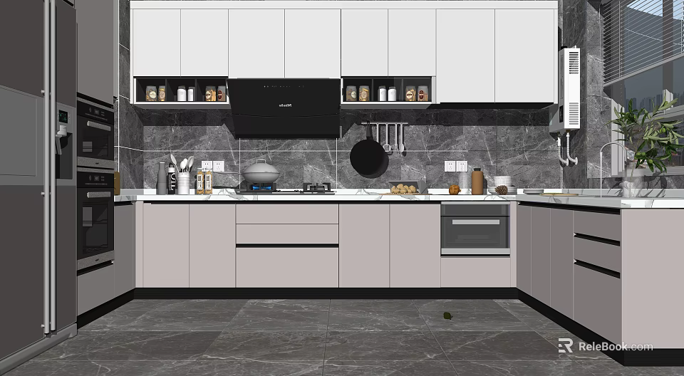 Modern Kitchen With White And Gray Cabinets Countertop Appliances And Wall Tiles 3d model 