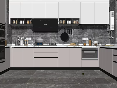 Modern Kitchen With White And Gray Cabinets Countertop Appliances And Wall Tiles 3d model