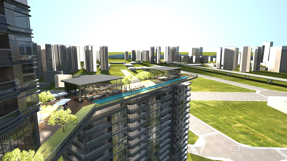 Modern High Rise Residential Building With Rooftop Terrace Swimming Pool And Green Lawn 3d model 