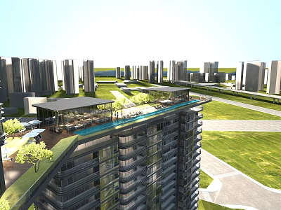 Modern High Rise Residential Building With Rooftop Terrace Swimming Pool And Green Lawn 3d model