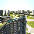 Modern High Rise Residential Building With Rooftop Terrace Swimming Pool And Green Lawn