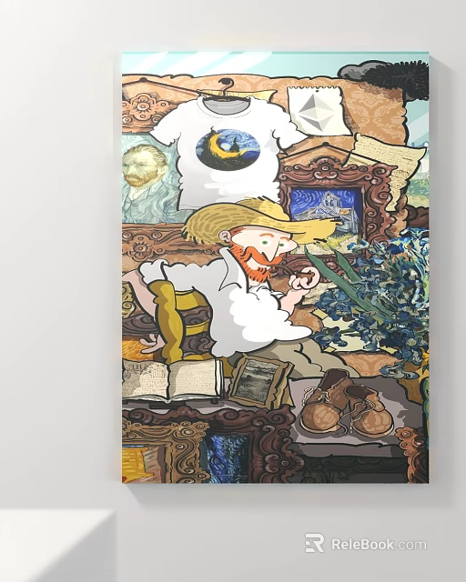 Van Gogh Inspired Art Scene With Straw Hat Red Beard Blue Flowers And Open Books 3d model 