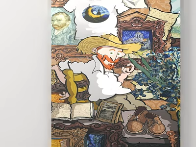 Van Gogh Inspired Art Scene With Straw Hat Red Beard Blue Flowers And Open Books 3d model