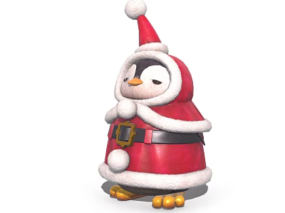 Adorable Christmas Penguin in Santa Red Coat with White Trim Black Belt and Yellow Feet 3d model