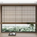 Venetian Blinds on Large Window with Green Forest View and Tray with Teacups and Plant
