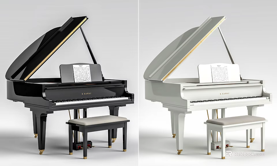 Elegant Black And White Pianos With Stools And Music Sheets Setup 3d model 