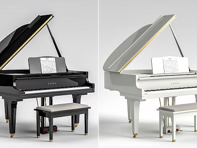 Elegant Black And White Pianos With Stools And Music Sheets Setup 3d model