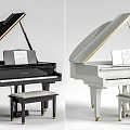 Elegant Black And White Pianos With Stools And Music Sheets Setup 3d model