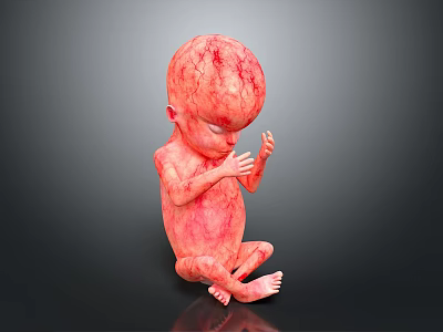 Red Fetus Model Curled Up with Hands Near Face on Black Background 3d model