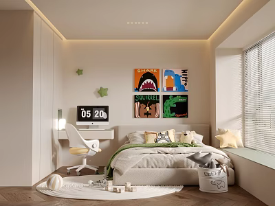Kids Room Interior Design With Colorful Wall Art Desk Clock Cozy Bed And Window Blinds 3d model