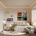 Kids Room Interior Design With Colorful Wall Art Desk Clock Cozy Bed And Window Blinds