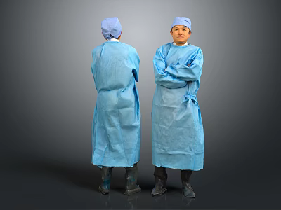 Two Men in Blue Surgical Gowns Standing with Arms Crossed Against Gray Background 3d model