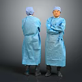 Two Men in Blue Surgical Gowns Standing with Arms Crossed Against Gray Background