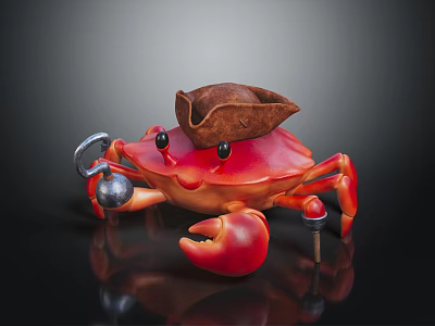 Red Crab Toy Character Wearing Pirate Hat And Silver Hook Decoration Design 3d model