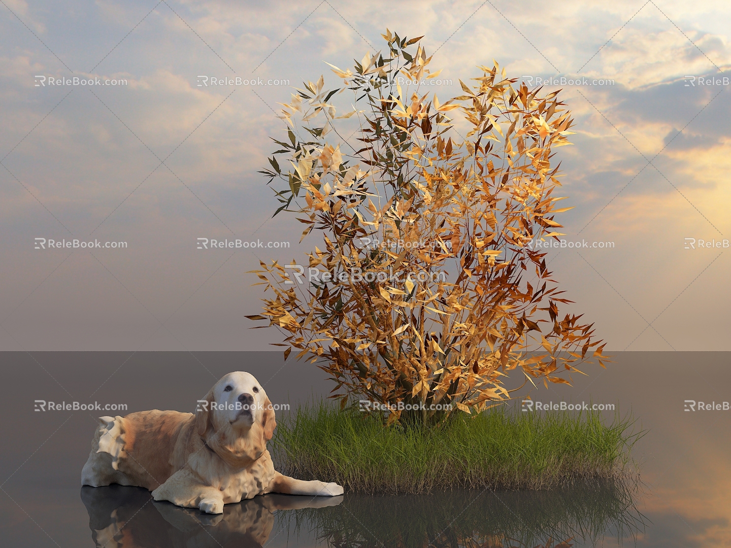 Shrub Tree Shrub Plant Golden Yellow Autumn Plant Green Plant Park Landscape City Greening Flowers Animal Dog Golden Hair Sky 3d model