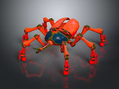 Detailed Orange Robotic Spider With Multiple Metallic Legs And Transparent Blue Body 3d model