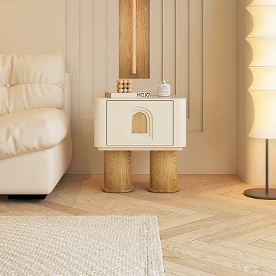 Minimalist Side Table With Wooden Legs And White Top Placed By Beige Sofa 3d model