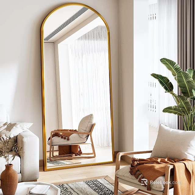 Modern Gold Frame Full Length Mirror Reflecting Room With Furniture And Plant 3d model 