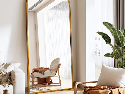 Modern Gold Frame Full Length Mirror Reflecting Room With Furniture And Plant 3d model