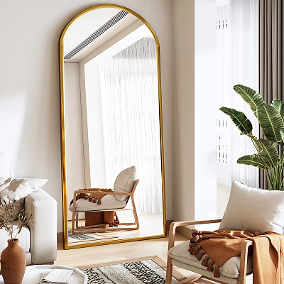 Modern Gold Frame Full Length Mirror Reflecting Room With Furniture And Plant 3d model