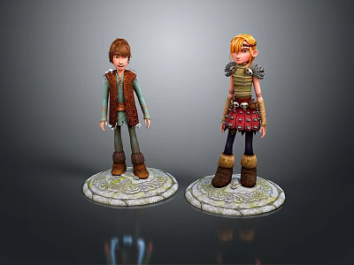 Two Detailed Cartoon Male Characters In Different Outfits Standing On Circular Bases 3d model