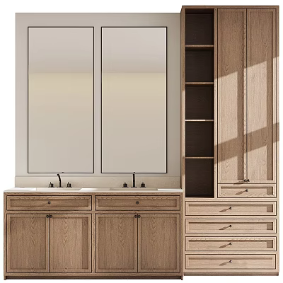 Modern Wooden Bathroom Vanity With Double Sink Mirrors And Open Shelves 3d model