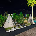 Nighttime Outdoor Bar With Palm Tree Canopy String Lights Wooden Deck And Seating