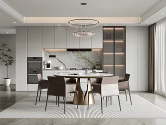 Dining Room Round Dining Table Chair Wine Cabinet Curtain Chandelier 3d model