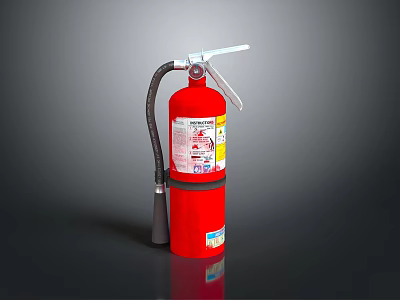 Red Fire Extinguisher With Hose Handle And Instruction Label On Shiny Surface 3d model