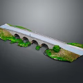 Detailed Arch Bridge Model With Multiple Arches Gray Deck Green Vegetation And Water Below