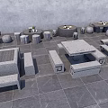 Modern Gray Stone Table and Chair Set for Outdoor Patio with Decorative Plants