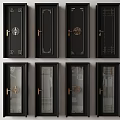 Modern Elegant Hinged Doors With Black Frames Gold Accents And Patterned Glass Panels 3d model