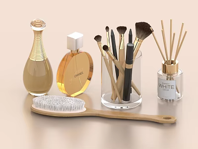Elegant Perfume And Cosmetics Collection With Makeup Brushes Wooden Brush Fragrance Sticks And Bottles 3d model