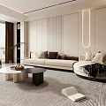 Modern Living Room Interior With White Sofa Coffee Table Area Rug Plants And Staircase